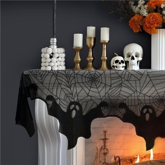 Halloween Decorations Indoor Fireplace Mantel Scarf, Black Lace Ghost Spiderweb - Picture 6 of 7